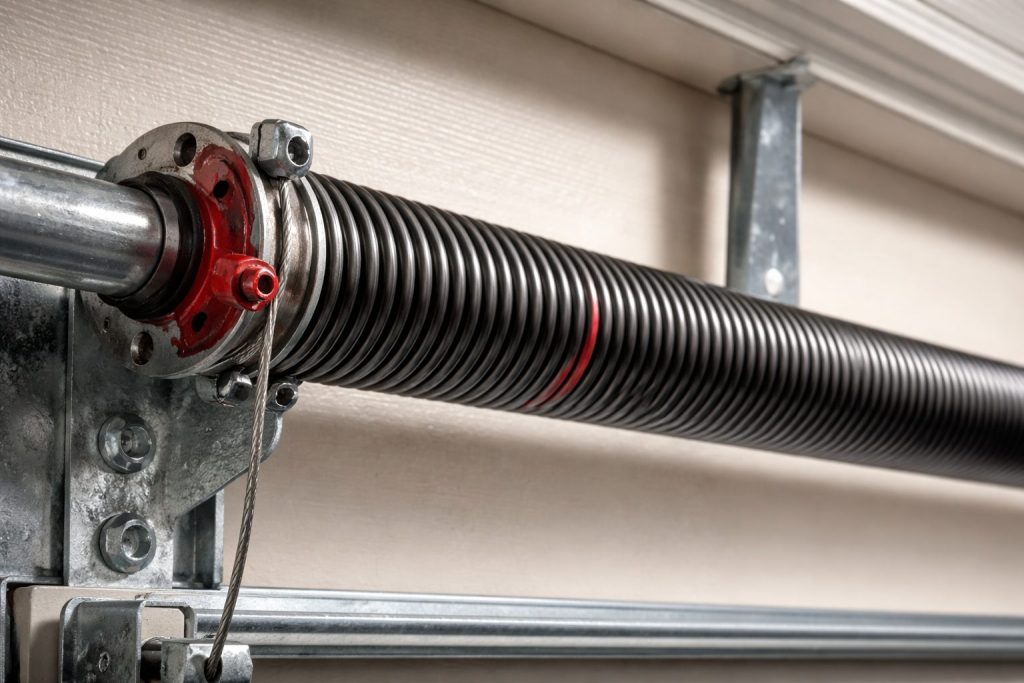 Garage door torsion spring above a residential garage door in Bellevue WA